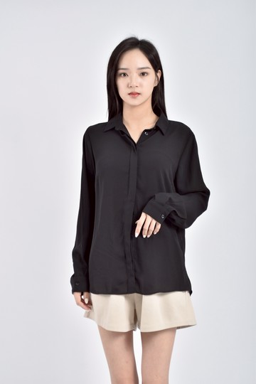 (L) new look質感素面翻領排扣黑色襯衫上衣