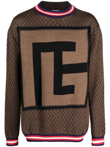 Balmain - monogram-pattern jacquard jumper - men - Wool - M - Brown