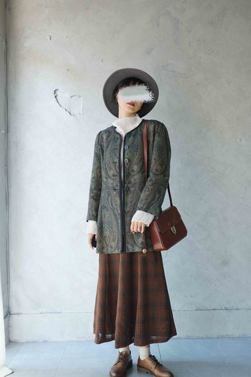 尋寶古著-Christian aujard paris復古綠變形蟲緹花無領長版外套