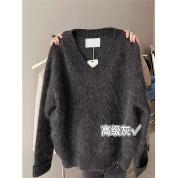 高級感v領水貂絨套頭毛衣女秋冬毛茸茸慵懶軟糯寬松灰色針織上衣