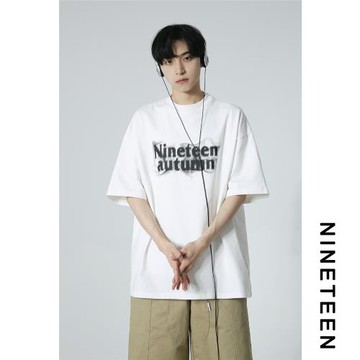 十九秋/260g夏季新款青少年潮牌模糊字母印花短袖T恤寬松學生男
