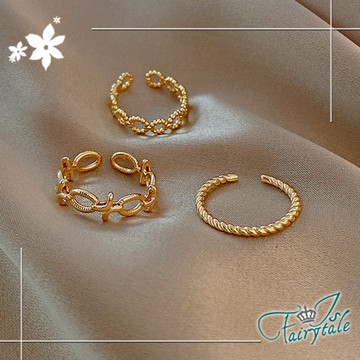 【伊飾童話】麻花圈圈＊彈性開口戒指三件組/金