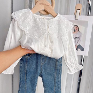2025春裝新款女童蕾絲花邊襯衫韓版兒童翻領長袖上衣寶寶打底襯衣