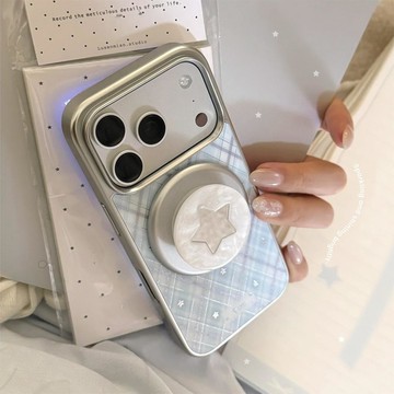 貝母白適用蘋果17pm手機殼15藍星星iphone16鎏金14磁吸支架15防摔