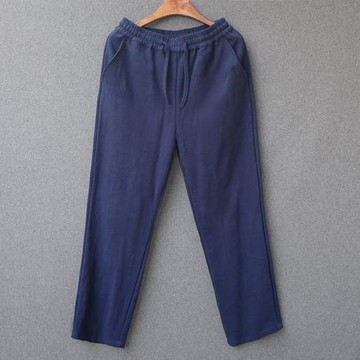 春秋純色棉麻直筒松緊系帶亞麻褲寬松大碼褲中式復古休閑男士長褲