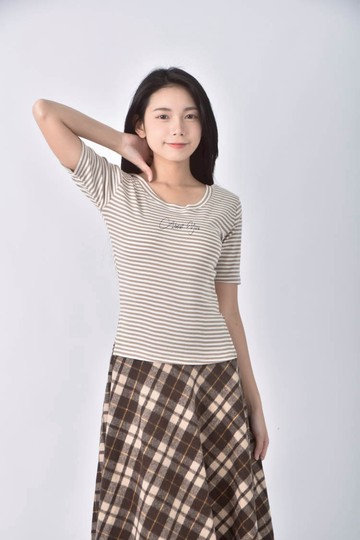 (S) black friday棉質純棉條紋棕色短袖上衣