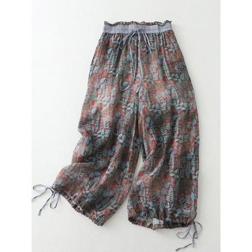 清倉撿漏~外貿原單出口薄款印花苧麻褲子女休閑九分棉亞麻闊腿褲