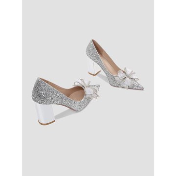 銀色婚鞋秀禾婚紗水晶鞋高跟鞋女蝴蝶結粗跟單鞋金色伴娘新娘鞋女