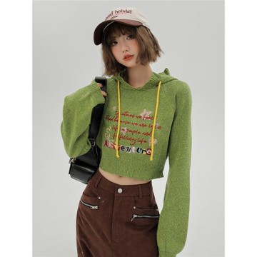 Girlyhalo美式復古連帽針織毛衣女秋冬新款小眾設計感插肩袖外套