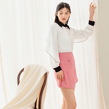 撞色領厚雪紡荷葉拼接長袖襯衫上衣-OB大尺碼