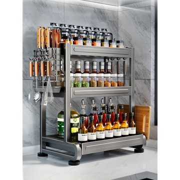 槍灰廚房調料置物架多功能調味品鹽調味罐收納盒臺面家用雙層刀架