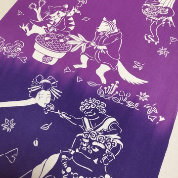 再販・版染手拭巾「百鬼夜行・蕈菇之宴」（深紫/赤紫）（綿 100%・手工染色拔染）