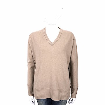ALLUDE 喀什米爾駝色V領織紋羊毛衫