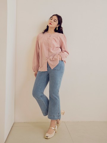 造型雙口袋牛仔八分喇叭褲