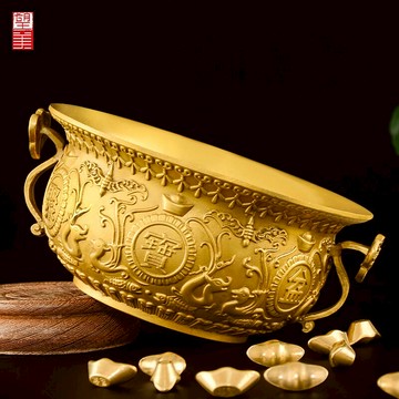 望美純銅聚寶盆擺件風水招財盆客廳財位如意實心銅盆大號