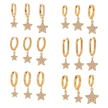 宏雲Hongyun- Xyx-歐美飾品不鏽鋼五角星滿鑽鋯石耳環鍍18k真金氣質時尚耳飾
