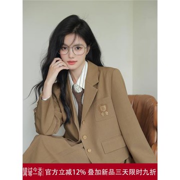 玲玖高級感短款西裝外套女春秋小個子學院風卡其色小西服2025新款