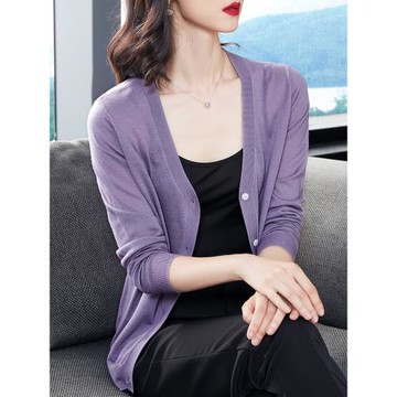 春秋新款2025針織開衫女美麗諾羊毛衫外穿薄款V領毛衣外套短外搭