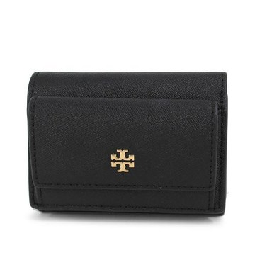 TORY BURCH 金屬LOGO黑色防刮皮革三折壓扣式短夾