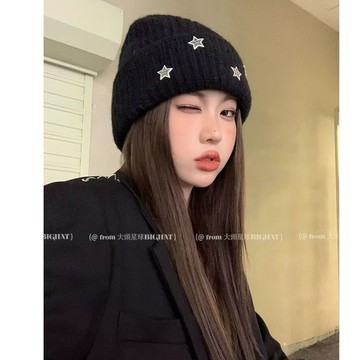 秋冬針織帽女新款星星大頭圍顯臉小包頭帽防寒秋冬防風護頭冷帽女 針織毛帽 毛絨帽 紗線帽 毛毛帽女 保暖帽