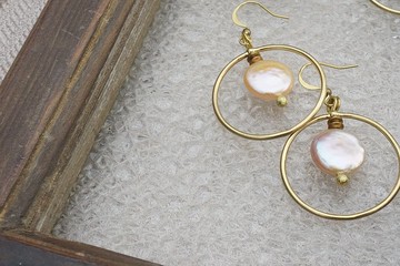 水波耳環 巴洛克珍珠黃銅耳環