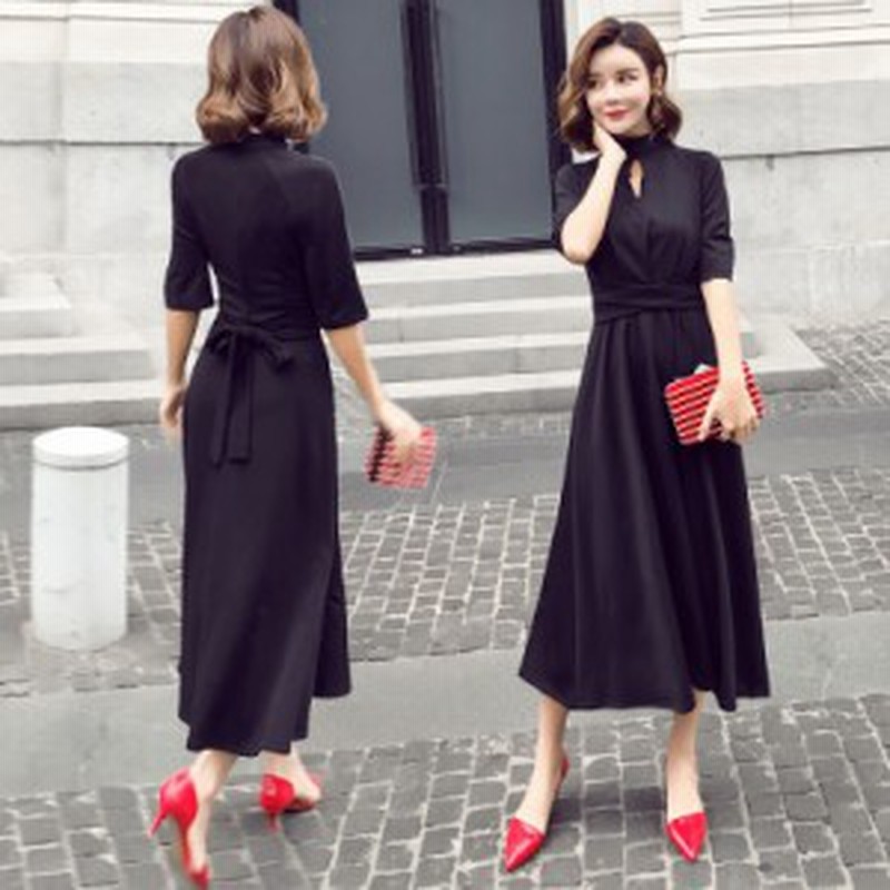 ワンピース ヘップバーン ドレス 綿 ひざ下丈 ミドル丈 スタンドカラー 半袖 無地 黒 胸スリット ウエストマーク ハイウエスト 夏 通販 Lineポイント最大1 0 Get Lineショッピング