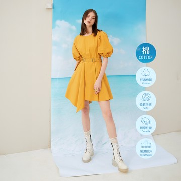 OUWEY歐薇 不規則裙片澎袖洋裝(黃色；S-M)3232167044