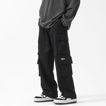 黑色多口袋設計感直筒工裝褲女美式潮牌寬松顯瘦闊腿情侶休閑長褲