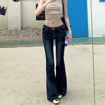 牛仔褲 INS美式高街復古低腰微喇叭牛仔褲辣妹緊身顯瘦落地長褲大尺碼女裝 10831