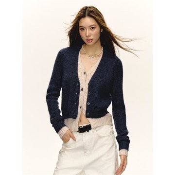 Aaisup假兩件撞色拼接針織開衫女秋季設計感修身顯瘦短款毛衣外套