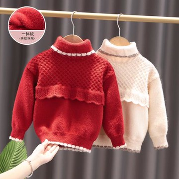 女童毛衣2021年秋冬新款高領一體絨女寶寶針織套頭紅色小童毛線衣