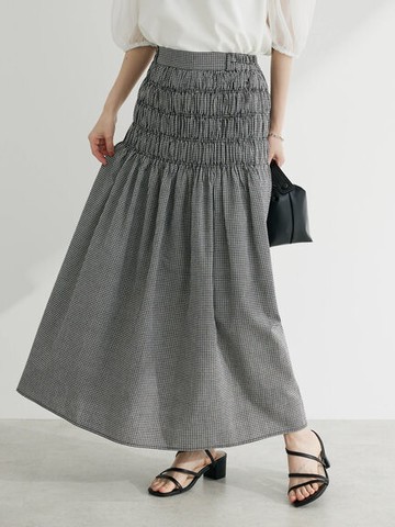 格紋褶皺拼接抓褶長裙(6P36L0L0300) - Green Parks