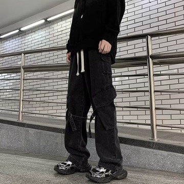 美式時尚高街多口袋工裝牛仔褲男寬鬆潮牌闊腿長褲男