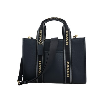 COACH LOGO織帶丹寧藍荔枝紋皮革手提/斜背立體方包(大款)