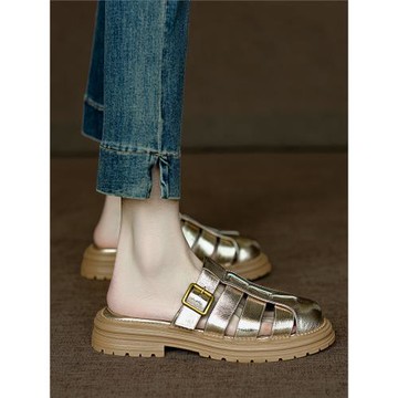 手工真皮~時尚潮流~金色厚底鏤空包頭半拖鞋女外穿春夏新款穆勒鞋