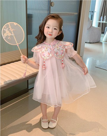 love, charlotte - 繡花披領小兔子草莓網紗公主裙-繡花領＋洋裝兩件套