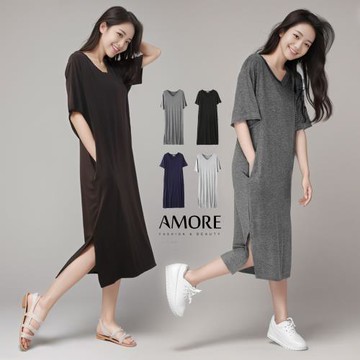 AM艾莫兒 夏日莫代爾短袖口袋連身裙