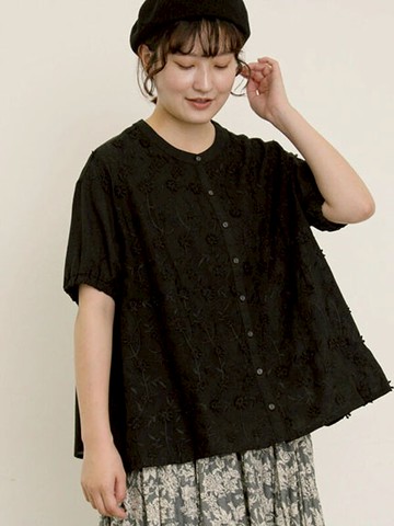 立體感小花刺繡短袖立領襯衫(0F001032110) - Samansa Mos2