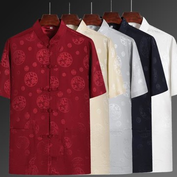 真絲短袖唐裝男上衣中老年夏季爸爸裝夏裝中國風夏天爺爺老人衣服