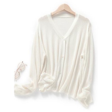 天絲針織衫女V領開衫外搭超薄微透罩衫夏季長袖性感時尚防曬上衣