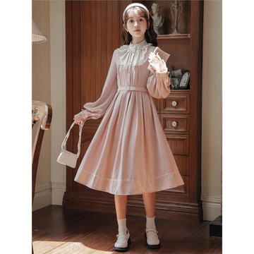 高級感法式復古甜美氣質連衣裙女秋季新款收腰顯瘦假兩件別致長裙