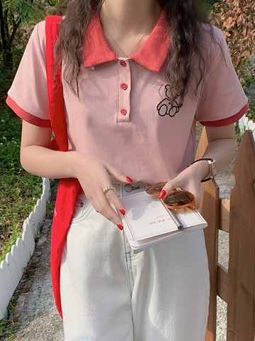 正肩短袖t恤女修身短款2022夏季新款粉色polo衫純棉體恤翻領上衣