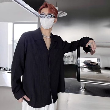 翻領素色長袖襯衫男日系寬鬆潮流百搭休閒上衣男