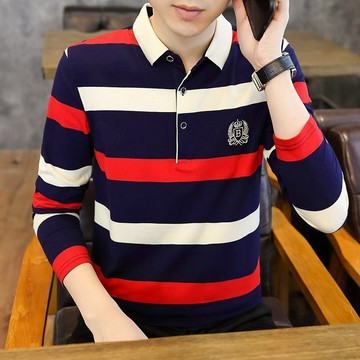 新品【秋冬】大碼長袖T恤男士春秋季中青年休閒寬鬆條紋翻領POLO衫刺繡上衣服
