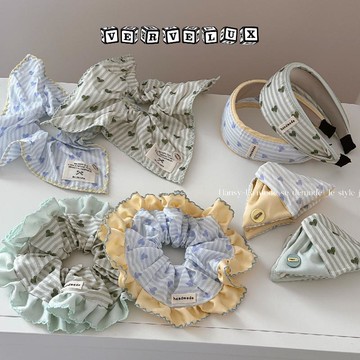 两件9.9折🔥臺灣出貨🔥可開發票✅清爽藍綠條紋愛心花邊大腸圈方巾布藝髮圈低馬尾高級感發飾新款