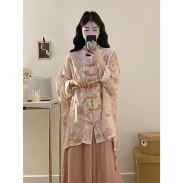 大碼女裝夏裝搭配一整套新中式長袖襯衫高腰顯瘦闊腿長褲兩件套裝