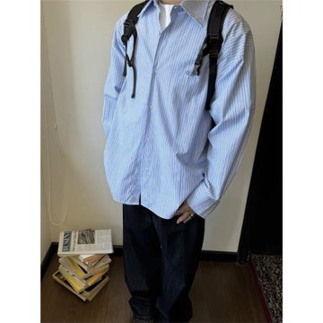 美式復古條紋長袖襯衫男清新感藍色休閑寬松情侶襯衣外套潮
