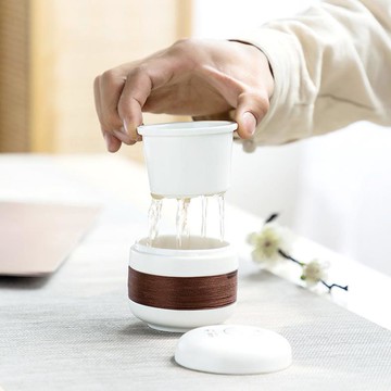 陶瓷功夫茶具個人家用茶杯 脂白快客杯 帶蓋過濾內膽便攜旅行套裝