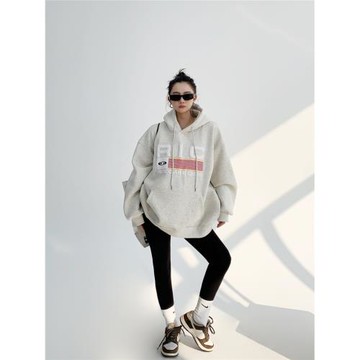 廢柴春秋美式情侶小眾加厚外套寬松慵懶發泡印花重磅連帽衛衣女潮