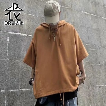 DR更衣室- 素色縮口繩帽T 男生衣服 短袖 港風 嘻哈 寬鬆 古著 男生短袖【NL623012】